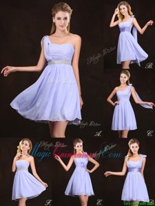 Sleeveless Chiffon Mini Length Zipper Damas Dress in Lavender for with Ruffles and Sequins and Ruching and Bowknot and Hand Made Flower