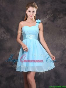 One Shoulder Mini Length Zipper Court Dresses for Sweet 16 Baby Blue and In for Prom and Party and Wedding Party with Ruching and Hand Made Flower