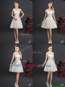 Off the Shoulder Knee Length Lace Up Vestidos de Damas Champagne and In for Prom and Party and Wedding Party with Lace and Appliques