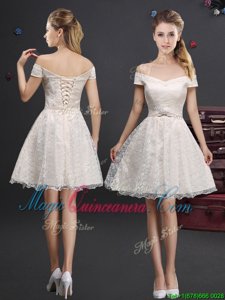 Excellent Off the Shoulder Knee Length A-line Sleeveless Champagne Dama Dress Lace Up