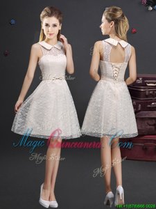 Sleeveless Lace Knee Length Lace Up Vestidos de Damas in Champagne for with Lace and Appliques