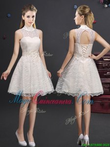 Smart Champagne Lace Up High-neck Lace and Appliques Dama Dress for Quinceanera Lace Sleeveless