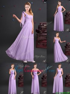 Elegant One Shoulder Chiffon Sleeveless Floor Length Quinceanera Court Dresses and Ruching and Bowknot and Hand Made Flower