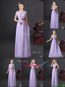 Nice Lavender Empire Lace and Appliques and Belt Dama Dress Lace Up Chiffon Sleeveless Floor Length