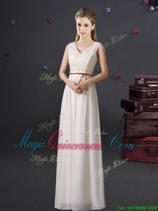 Chiffon V-neck Sleeveless Lace Up Lace and Belt Quinceanera Court of Honor Dress in White