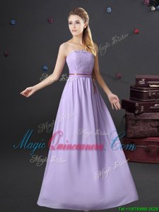 Fancy Lavender Empire Strapless Sleeveless Chiffon Floor Length Lace Up Lace and Belt Dama Dress
