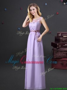 Glamorous See Through Lavender Empire Scoop Sleeveless Chiffon Floor Length Lace Up Lace and Appliques and Belt Dama Dress