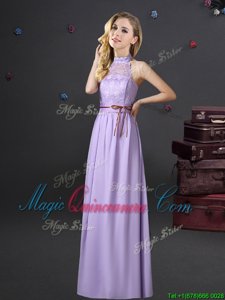 Halter Top Floor Length Empire Sleeveless Lavender Vestidos de Damas Lace Up