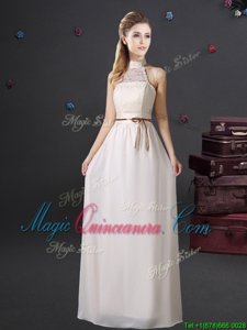 Halter Top Floor Length White Dama Dress Chiffon Sleeveless Lace and Belt