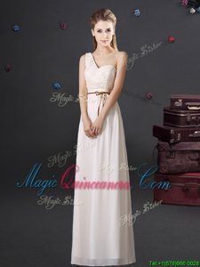 Decent One Shoulder Sleeveless Lace Up Floor Length Lace and Appliques and Belt Quinceanera Court Dresses