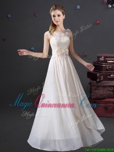 Chic Scoop White Empire Lace and Appliques and Bowknot Quinceanera Court Dresses Zipper Chiffon Sleeveless Floor Length