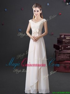 V-neck Cap Sleeves Zipper Dama Dress White Chiffon