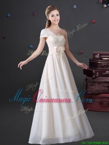 Pretty One Shoulder Floor Length White Damas Dress Chiffon Sleeveless Lace and Bowknot