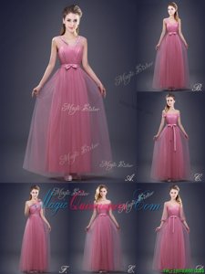 Sleeveless Floor Length Beading and Appliques and Ruching and Bowknot and Hand Made Flower Lace Up Quinceanera Court of Honor Dress with Pink
