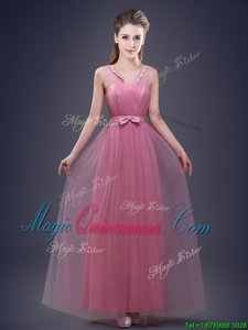 Glamorous Floor Length Pink Dama Dress V-neck Sleeveless Lace Up