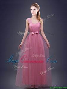 Vintage Pink Lace Up Straps Ruching and Bowknot Dama Dress for Quinceanera Tulle Sleeveless