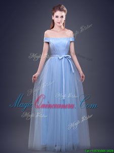 Off the Shoulder Light Blue Empire Ruching and Bowknot Quinceanera Dama Dress Lace Up Tulle Sleeveless Floor Length