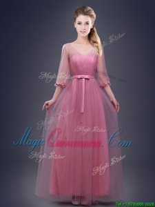 Graceful V-neck Half Sleeves Damas Dress Floor Length Ruching and Bowknot Pink Tulle