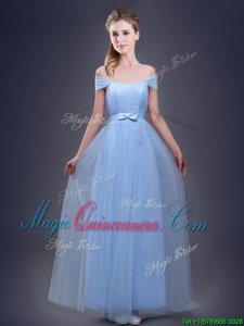 Flirting Light Blue Off The Shoulder Lace Up Ruching and Bowknot Quinceanera Dama Dress Sleeveless