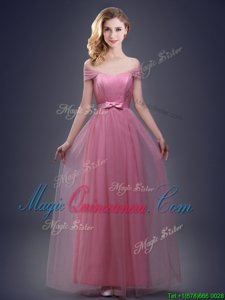 Modest Pink Empire Off The Shoulder Sleeveless Tulle Floor Length Lace Up Ruching and Bowknot Damas Dress