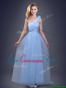 Tulle One Shoulder Sleeveless Lace Up Beading and Ruching and Hand Made Flower Court Dresses for Sweet 16 in Light Blue