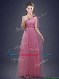 Pink Vestidos de Damas Prom and Party and Wedding Party and For with Beading and Ruching and Hand Made Flower One Shoulder Sleeveless Lace Up