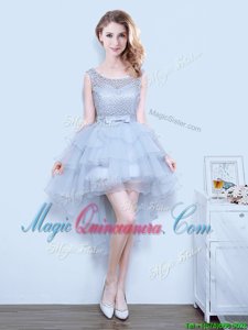Grey A-line Organza Scoop Sleeveless Lace and Ruffled Layers and Bowknot Mini Length Lace Up Court Dresses for Sweet 16