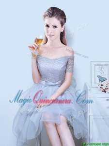 Off The Shoulder Short Sleeves Lace Up Quinceanera Court of Honor Dress Grey Organza