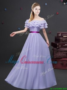 Lavender Quinceanera Dama Dress Prom and Party and Wedding Party and For with Ruffled Layers and Belt Off The Shoulder Short Sleeves Zipper