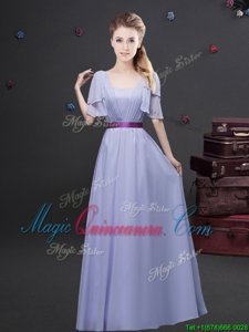 Eye-catching Lavender Square Zipper Ruching and Belt Dama Dress Short Sleeves