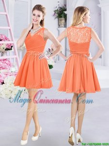 Chiffon V-neck Sleeveless Side Zipper Lace and Ruching Dama Dress for Quinceanera in Orange