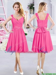 Beautiful A-line Quinceanera Court of Honor Dress Hot Pink Straps Chiffon Sleeveless Knee Length Zipper