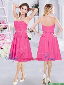 Top Selling Sleeveless Chiffon Knee Length Zipper Damas Dress in Hot Pink for with Ruching