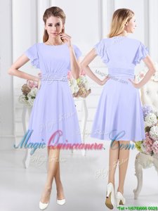 High End Scoop Lavender Short Sleeves Chiffon Side Zipper Dama Dress for Prom and Party and Wedding Party