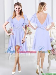 Lavender V-neck Neckline Ruching Dama Dress for Quinceanera Short Sleeves Zipper