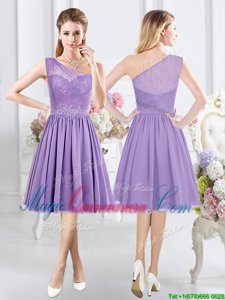 Beautiful Lavender One Shoulder Neckline Lace Dama Dress for Quinceanera Sleeveless Side Zipper