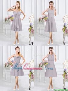 Grey Chiffon Side Zipper Vestidos de Damas Sleeveless Knee Length Lace and Ruching and Hand Made Flower