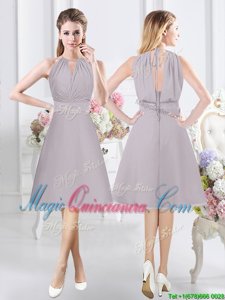 New Style Grey Court Dresses for Sweet 16 Prom and Party and Wedding Party and For with Lace and Ruching Halter Top Sleeveless Zipper