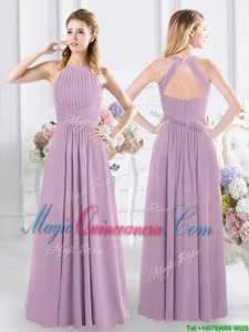 Cheap Lavender Empire Chiffon Halter Top Sleeveless Ruching Floor Length Zipper Quinceanera Court Dresses