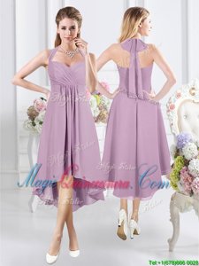 Sexy Knee Length Lavender Quinceanera Court of Honor Dress Halter Top Sleeveless Zipper