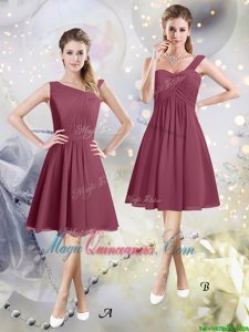 Burgundy Zipper Asymmetric Ruching Court Dresses for Sweet 16 Chiffon Sleeveless