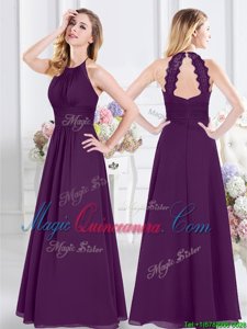 Modest Halter Top Floor Length Zipper Quinceanera Dama Dress Purple and In for Prom and Party and Wedding Party with Ruching