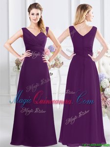 Purple Court Dresses for Sweet 16 Prom and Party and Wedding Party and For with Ruching V-neck Sleeveless Zipper