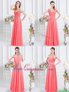 On Sale Watermelon Red Chiffon Zipper Sweetheart Sleeveless Floor Length Court Dresses for Sweet 16 Lace and Ruching