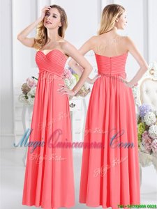 Dynamic Floor Length Zipper Quinceanera Dama Dress Watermelon Red and In for Prom and Party and Wedding Party with Ruching