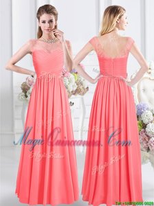 Scoop Watermelon Red Zipper Dama Dress for Quinceanera Lace and Ruching Cap Sleeves Floor Length