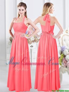 Watermelon Red Chiffon Zipper Halter Top Sleeveless Floor Length Dama Dress for Quinceanera Ruching