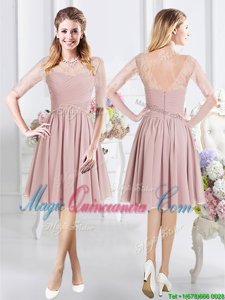 Pink Scoop Zipper Lace and Ruching Court Dresses for Sweet 16 Half Sleeves