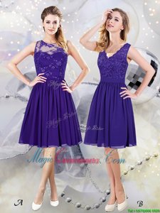 Fabulous Scoop See Through Purple Chiffon Zipper Scalloped Sleeveless Knee Length Quinceanera Dama Dress Lace and Appliques