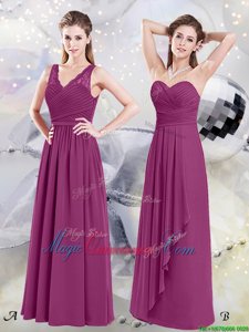 Fuchsia Empire Chiffon V-neck Sleeveless Lace and Ruching Floor Length Side Zipper Court Dresses for Sweet 16